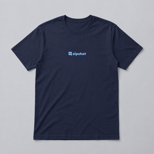The Billboard blu is a soft cotton, plain navy blue t-shirt with a small light blue zipchat logo and icon centered on the chest, shown against a light gray background.